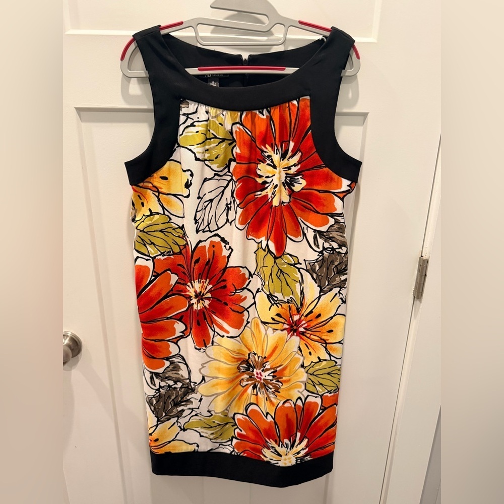 AB Studio Floral Sheath Dress Size 14 | Black Trim Sleeveless Career Dress